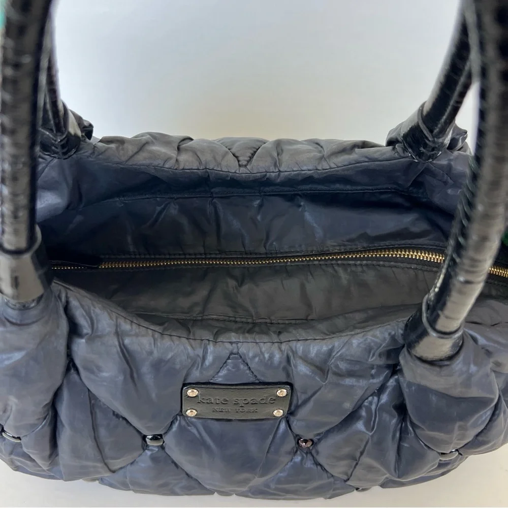 KATE SPADE Stevie Black Quilted Nylon Patent Leather Studded Shoulder Bag Tote